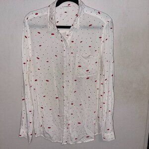 Beach Lunch Lounge Lips Button Down Womens XL White Red Novelty Kisses Breezy